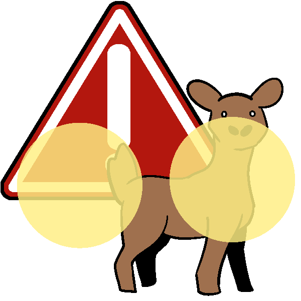 A big red and white hazard triangle with a deer in front of headlights in front of it.